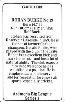 1981 Ardmona Big League Series 1 Carlton Blues (VFL) #NNO Rohan Burke Back